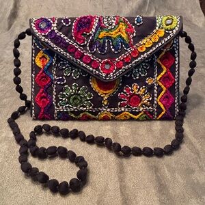 Handcrafted Dumru Dori Sling Bag Purse, Vibrant Multi Color Floral Embroidery